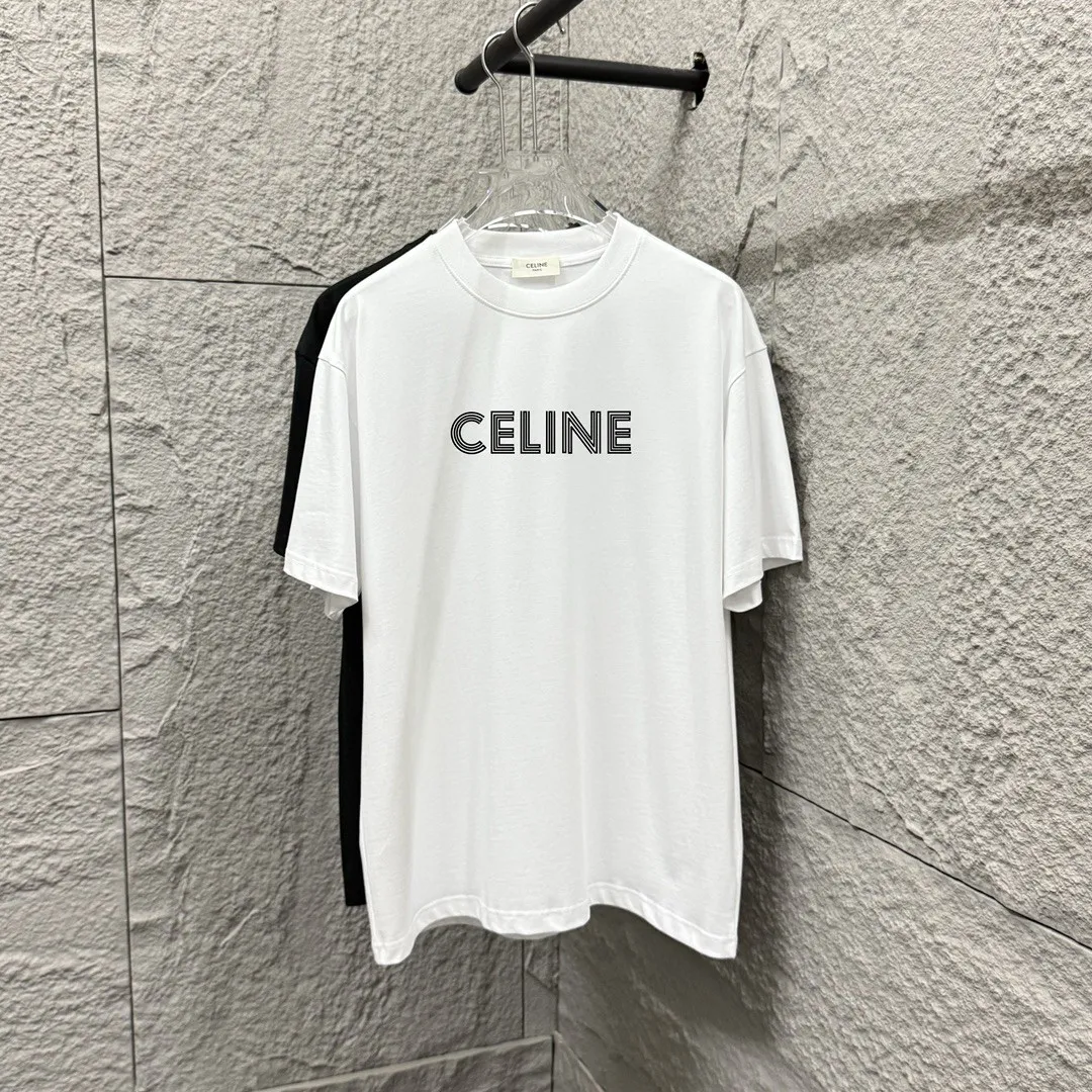 🅿️180 Celi*ne Celin Celin 2025 spring and summer style simple letters flocking technology personalized logo customized double yarn plain cotton fabric short-sleeved T-shirt for men and women size: S (90-130 catties) M (120-150 catties) L (140-165 catties) XL (160-180 catties) XXL (180-210 pounds) Color: black white