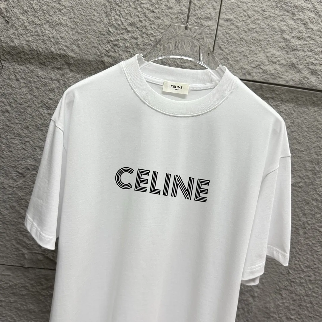 🅿️180 Celi*ne Celin Celin 2025 spring and summer style simple letters flocking technology personalized logo customized double yarn plain cotton fabric short-sleeved T-shirt for men and women size: S (90-130 catties) M (120-150 catties) L (140-165 catties) XL (160-180 catties) XXL (180-210 pounds) Color: black white