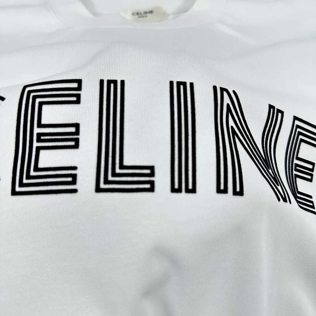 🅿️180 Celi*ne Celin Celin 2025 spring and summer style simple letters flocking technology personalized logo customized double yarn plain cotton fabric short-sleeved T-shirt for men and women size: S (90-130 catties) M (120-150 catties) L (140-165 catties) XL (160-180 catties) XXL (180-210 pounds) Color: black white
