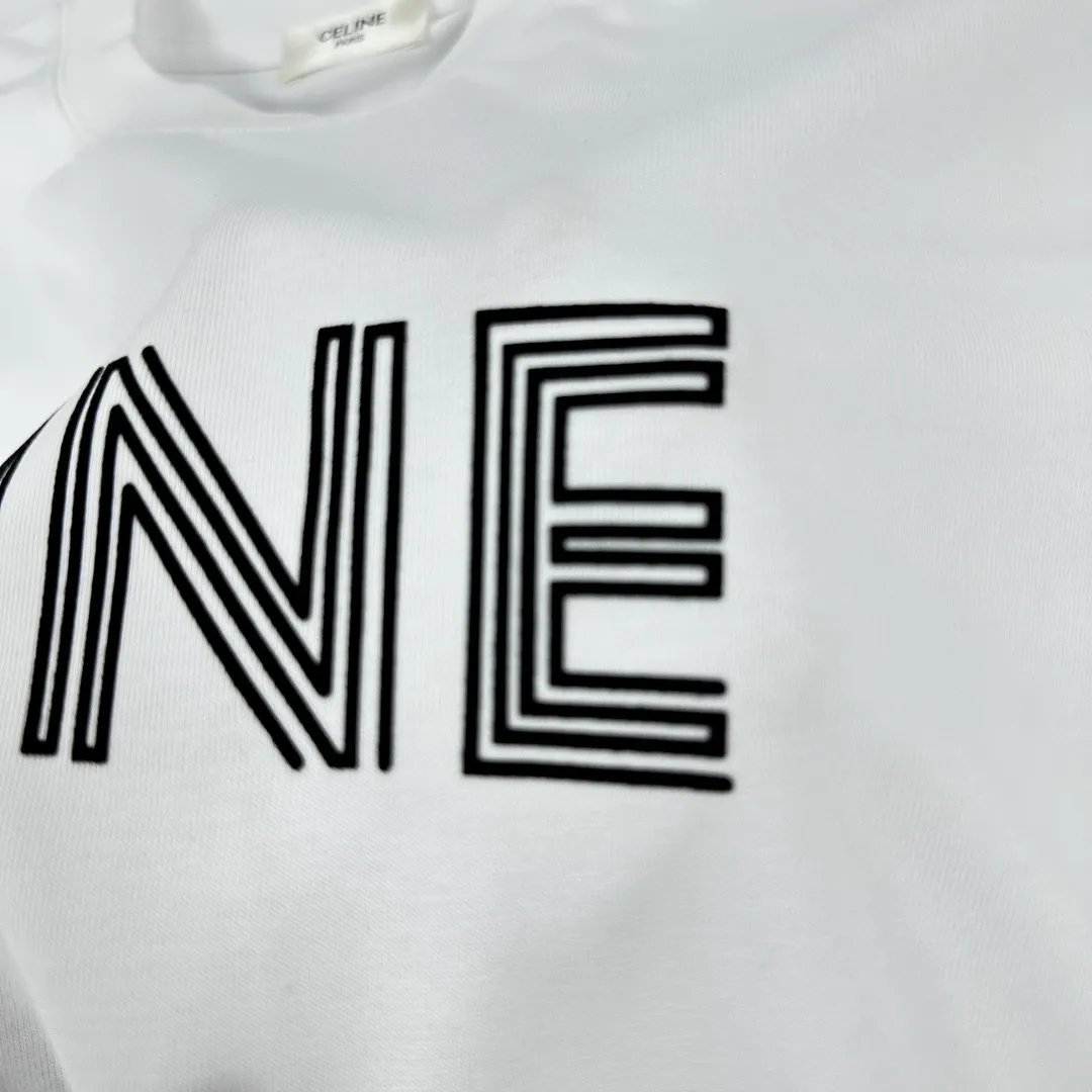 🅿️180 Celi*ne Celin Celin 2025 spring and summer style simple letters flocking technology personalized logo customized double yarn plain cotton fabric short-sleeved T-shirt for men and women size: S (90-130 catties) M (120-150 catties) L (140-165 catties) XL (160-180 catties) XXL (180-210 pounds) Color: black white
