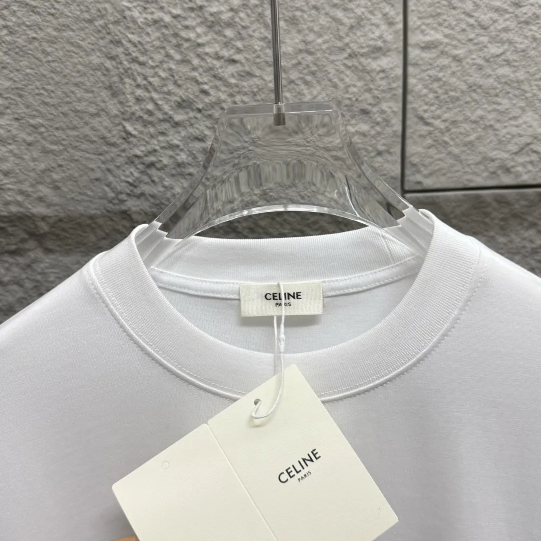 🅿️180 Celi*ne Celin Celin 2025 spring and summer style simple letters flocking technology personalized logo customized double yarn plain cotton fabric short-sleeved T-shirt for men and women size: S (90-130 catties) M (120-150 catties) L (140-165 catties) XL (160-180 catties) XXL (180-210 pounds) Color: black white