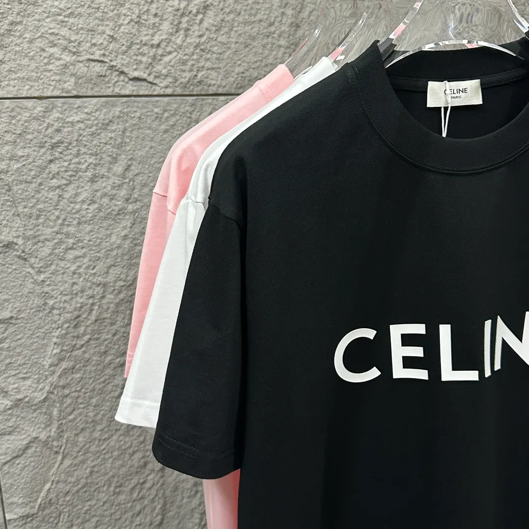 🅿️190 Celine* Celine 2025 Spring and Summer Style Simple letters three-dimensional silicone personalized logo Customized double yarn plain cotton fabric Short-sleeved T-shirt Unisex Size: S (90-130 catties) M (120-150 catties) L (140-165 catties) XL (160-180 catties) XXL (180-210 catties) Color: black white light pink