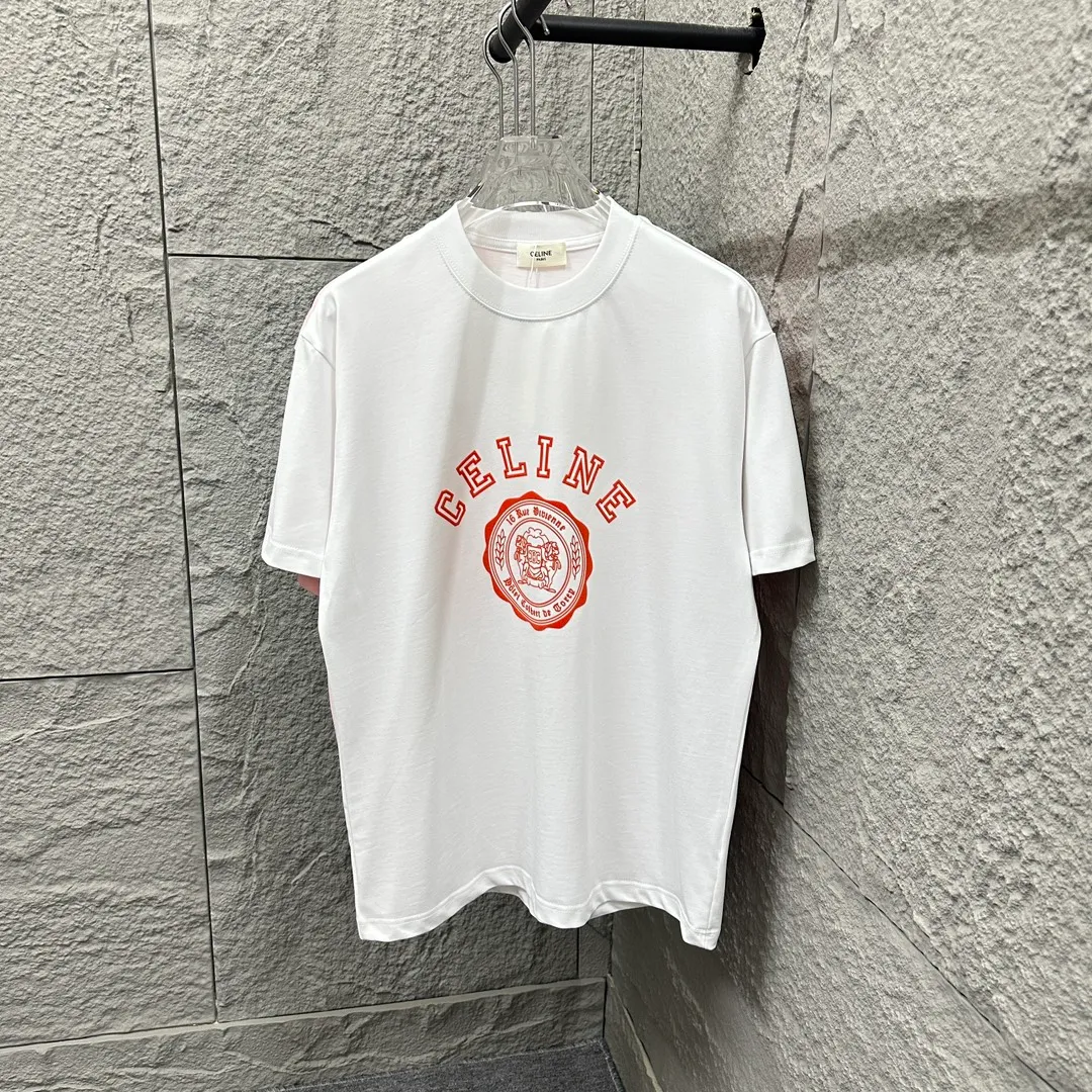 🅿️190 Celi* Celine 2025 spring and summer style Simple letter flocking process personalized logo Customized double yarn plain cotton fabric Short-sleeved T-shirt Unisex Size: S (90-130 catties) M (120-150 catties) L (140-165 catties) XL (160-180 catties) XXL (180-210 catties) Color: black white light pink