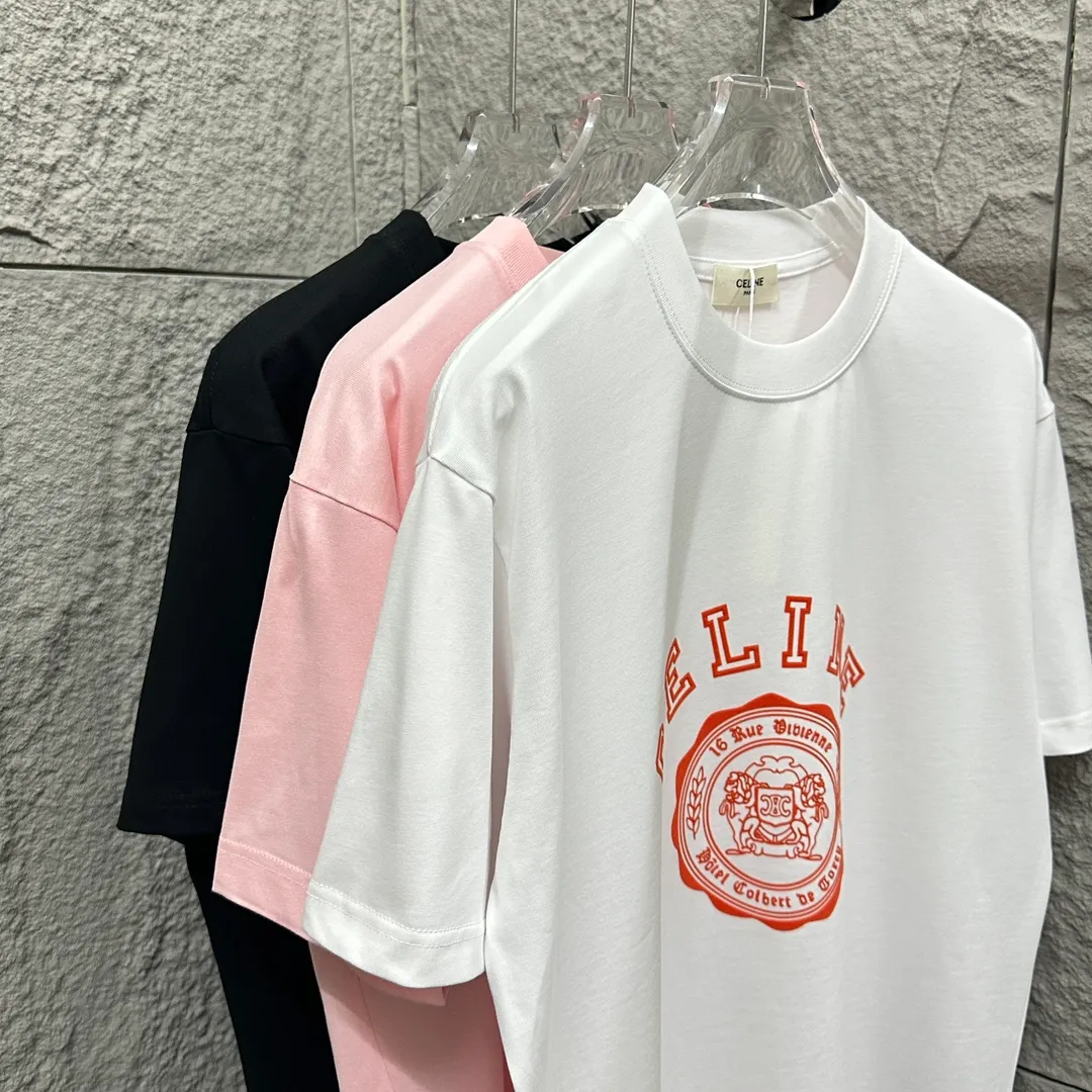 🅿️190 Celi* Celine 2025 spring and summer style Simple letter flocking process personalized logo Customized double yarn plain cotton fabric Short-sleeved T-shirt Unisex Size: S (90-130 catties) M (120-150 catties) L (140-165 catties) XL (160-180 catties) XXL (180-210 catties) Color: black white light pink