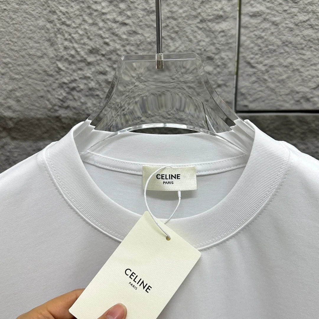 🅿️190 Celi* Celine 2025 spring and summer style Simple letter flocking process personalized logo Customized double yarn plain cotton fabric Short-sleeved T-shirt Unisex Size: S (90-130 catties) M (120-150 catties) L (140-165 catties) XL (160-180 catties) XXL (180-210 catties) Color: black white light pink