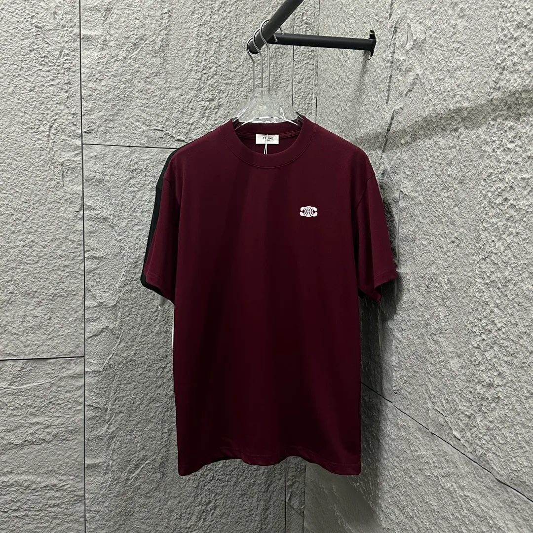 🅿️180 Celi* Celine 2025 Spring and Summer Style Simple letter small embroidery personalized logo Customized double yarn plain cotton fabric Short-sleeved T-shirt Uniform for men and women Color: Black White Angora Red Floral Gray Size: S (90-130 catties) M (120-150 catties) L (140-165 catties) XL (160-180 catties) XXL (180-210 pounds)