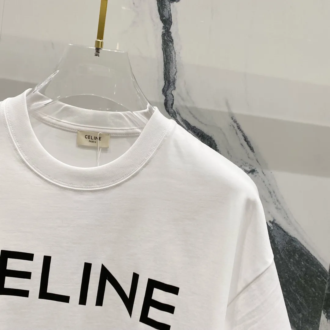 🅿️180 CELINE Celine 260g round neck short-sleeved T-shirt Celine arranged brand letters LOGO printed logo Official synchronization High version High quality Fashion personality Versatile trend Pure original quality Original fabric Tag Collar label Washed wheat Complete three labels Color: Black. White. Size: XS-L