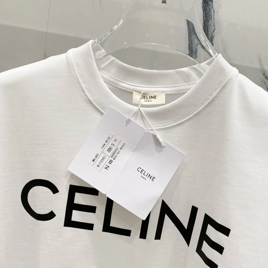 🅿️180 CELINE Celine 260g round neck short-sleeved T-shirt Celine arranged brand letters LOGO printed logo Official synchronization High version High quality Fashion personality Versatile trend Pure original quality Original fabric Tag Collar label Washed wheat Complete three labels Color: Black. White. Size: XS-L