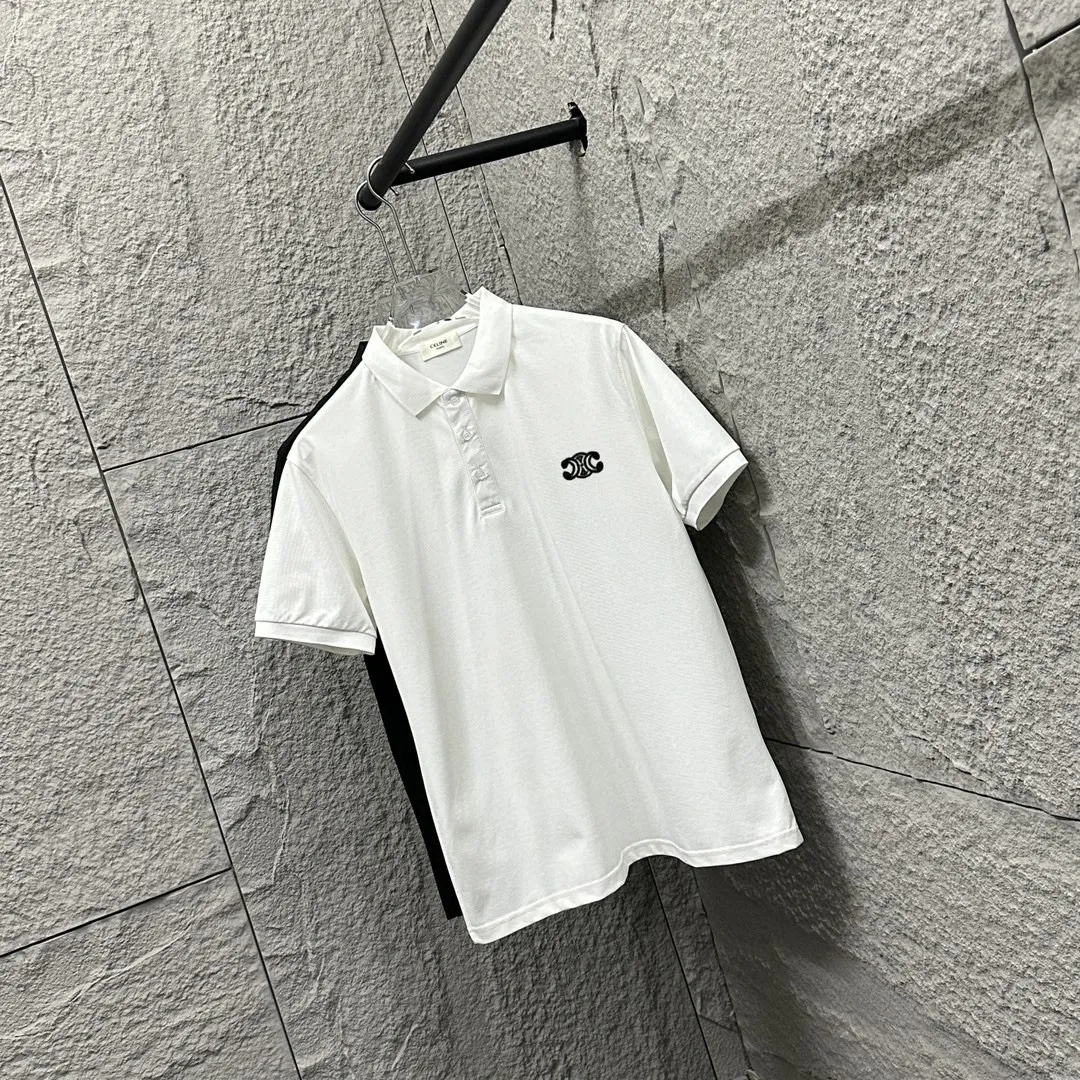 🅿️180 CELIN* Selin* short-sleeved POLO 2025 spring and summer new style, simple small embroidered pique fabric, short-sleeved polo stand-up collar, same style for men and women Size: M L XL 2XL 3XL Color: black white