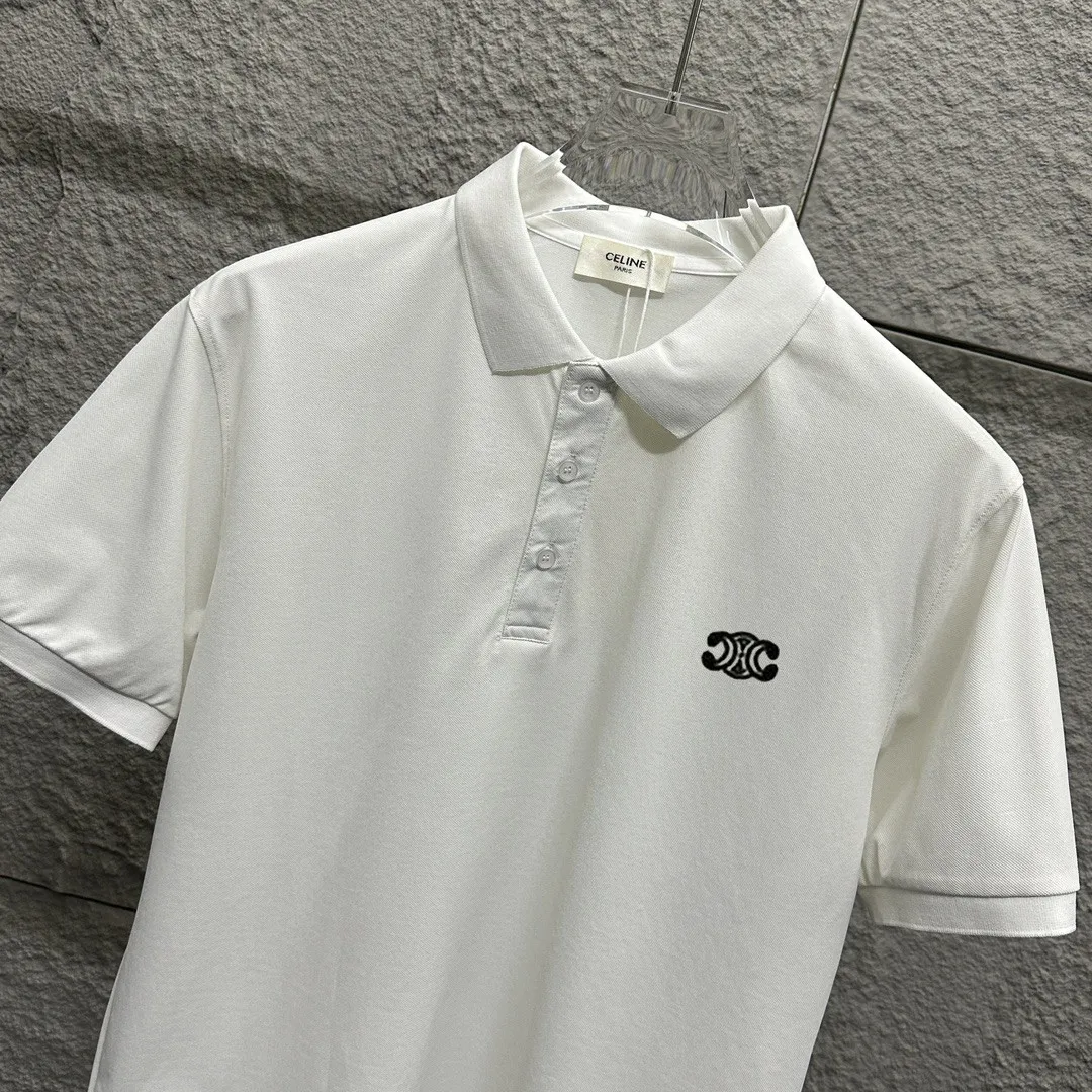 🅿️180 CELIN* Selin* short-sleeved POLO 2025 spring and summer new style, simple small embroidered pique fabric, short-sleeved polo stand-up collar, same style for men and women Size: M L XL 2XL 3XL Color: black white