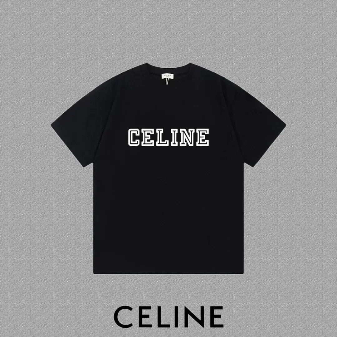 🅿️170 ✨🔥 [CELINE] 2025FW short-sleeved T-shirt, silicone thick plate letter LOGO, high-end 26s double yarn 300g fabric, heavy fabric, custom stretcher rib, same cylinder and dye, complete three standards, same style for men and women, color: black, white, size: S M L XL 2XL