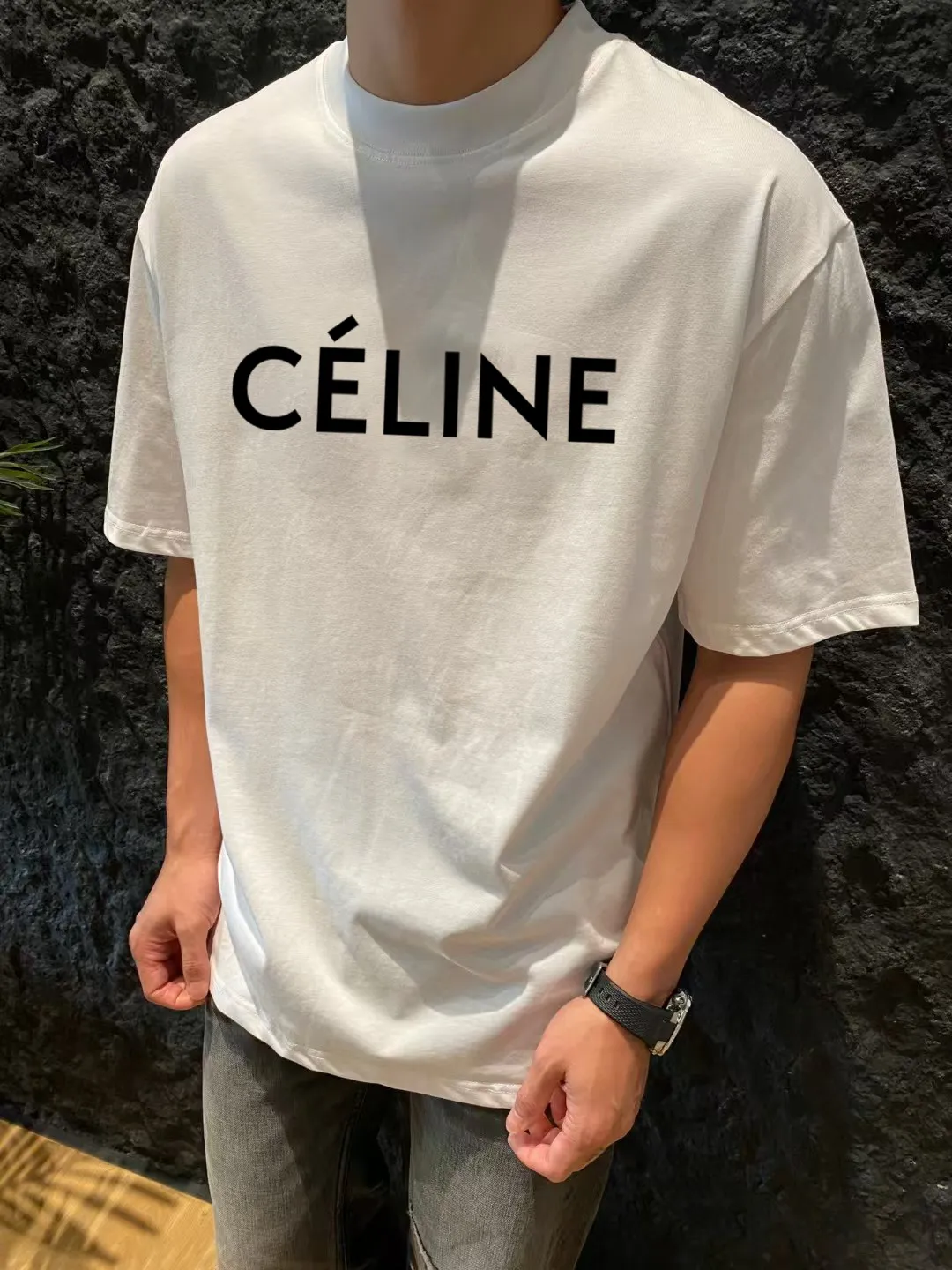 🅿️170 ✨🔥 [CELINE] 2025FW short-sleeved T-shirt, silicone thick plate letter LOGO, high-end 26s double yarn 300g fabric, heavy fabric, custom stretcher rib, same cylinder and dye, complete three standards, same style for men and women, color: black, white, size: S M L XL 2XL