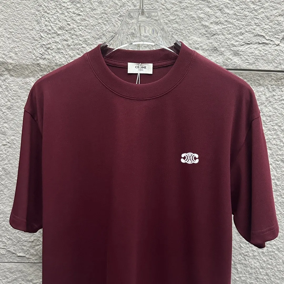 🅿️180 Celi* Celi Celin 2025 Spring and Summer Style Simple letter small embroidery personalized logo Customized double yarn plain cotton fabric Short-sleeved T-shirt Uniform for men and women Color: Black White Angora Red Floral Gray Size: S (90-130 catties) M (120-150 catties) L (140-165 catties) XL (160-180 pounds) XXL (180-210 pounds)