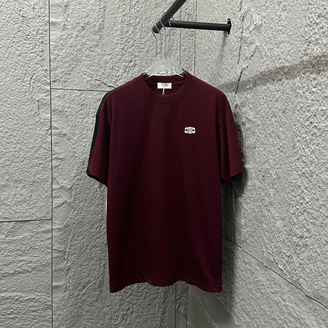 🅿️180 Celi* Celi Celin 2025 Spring and Summer Style Simple letter small embroidery personalized logo Customized double yarn plain cotton fabric Short-sleeved T-shirt Uniform for men and women Color: Black White Angora Red Floral Gray Size: S (90-130 catties) M (120-150 catties) L (140-165 catties) XL (160-180 pounds) XXL (180-210 pounds)