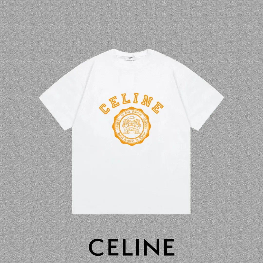 🅿️170 ✨🔥 [CELINE] 2025FW short-sleeved T-shirt, letter LOGO printing, high-end 26s double yarn 300g fabric, heavy fabric, custom stretcher rib, same vat and dye, complete three standards, same style for men and women, color: black, white, size: S M L XL 2XL