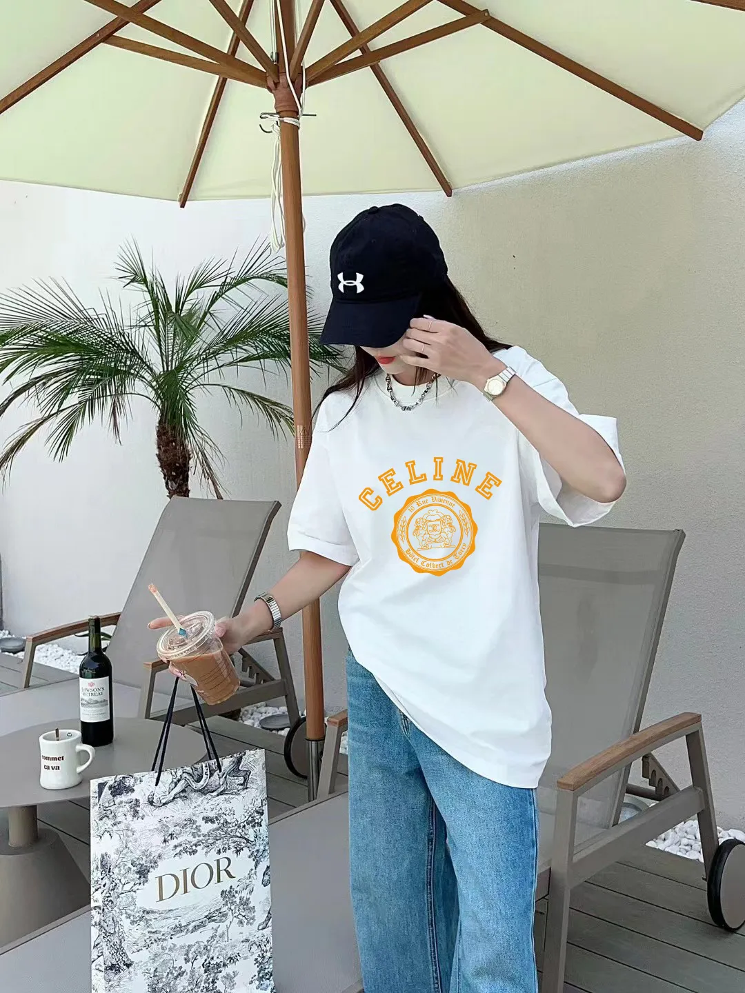 🅿️170 ✨🔥 [CELINE] 2025FW short-sleeved T-shirt, letter LOGO printing, high-end 26s double yarn 300g fabric, heavy fabric, custom stretcher rib, same vat and dye, complete three standards, same style for men and women, color: black, white, size: S M L XL 2XL