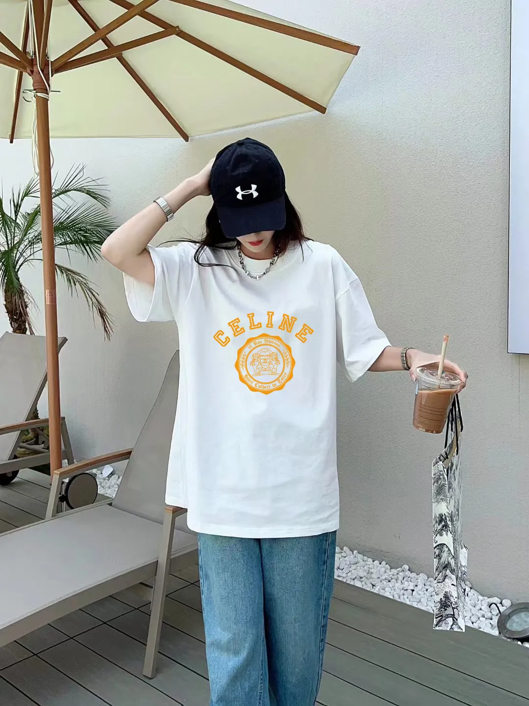 🅿️170 ✨🔥 [CELINE] 2025FW short-sleeved T-shirt, letter LOGO printing, high-end 26s double yarn 300g fabric, heavy fabric, custom stretcher rib, same vat and dye, complete three standards, same style for men and women, color: black, white, size: S M L XL 2XL