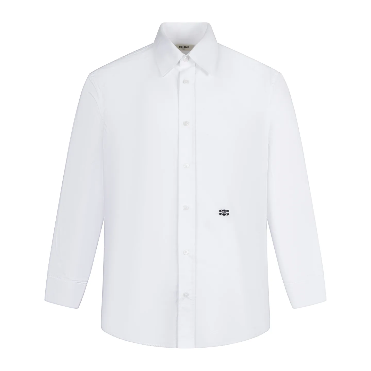 🅿️420 [Exclusive supply] Celine Arc de Triomphe small label hem long-sleeved shirt. The fabric is made of high-count cotton yarn with a high warp density and low weft density weaving process, which is light and has excellent breathability. The surface is smooth and flat, and feels as smooth as silk. At the same time, it retains the natural skin-friendly properties of cotton, making it snug and comfortable without any strange feeling. Because the warp yarns are closely arranged, the surface of the fabric shows longitudinal texture and soft luster, enhancing the visual sense of luxury. The single-color flat embroidery on the front panel uses the high-precision calculation system of the computer embroidery machine to control the coordinated operation of the machine head, needle bar, and thread spool. The fabric frame moves accurately in the horizontal and vertical directions to form a stitch track. The upper and lower thread tensions are adjusted to ensure that the stitches are smooth and free of floating threads, forming a fine pattern with an error of ±0.1mm. The ironer turns the collar up, irons it from the bottom to the top using high-temperature, moist steam, applies pressure to smooth out the wrinkles, and then turns it over to the front and repeats the process. Turn to the neckline and iron it into an arc shape, and press the back neckline to the bottom to keep it straight. The rotator cuff part uses the hanging method to avoid crushing the edges. After adjusting the fiber density through the ironer's "push, return, and pull" technology, the shirt can better fit the body curve Size: 46-48-50-52