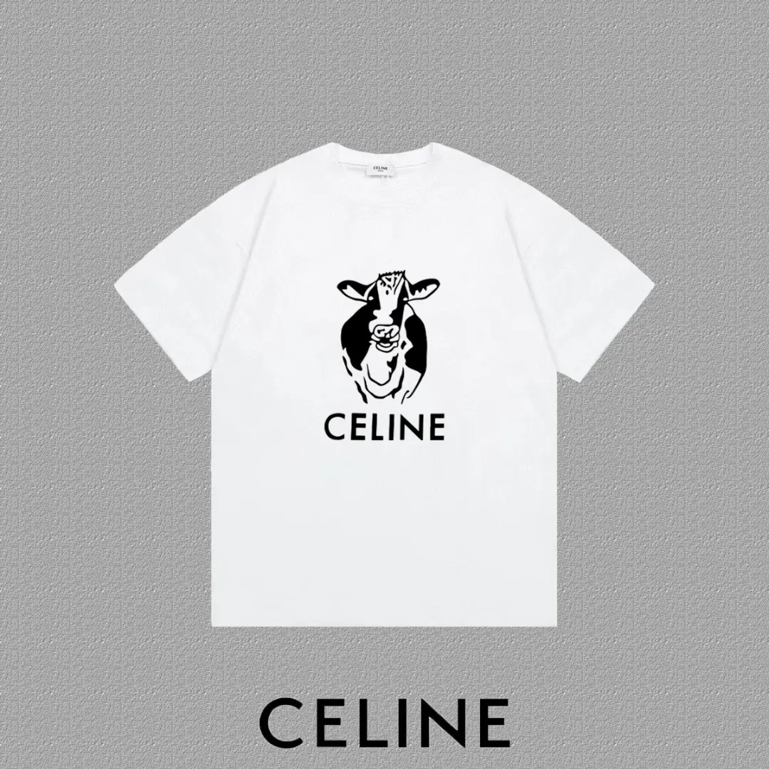 🅿️170 ✨🔥 [CELINE] 2025FW short-sleeved T-shirt, flocked pattern letter LOGO, high-end 26s double yarn 300g fabric, heavy fabric, custom stretcher rib, same vat and dye, complete three standards, same style for men and women, color: black, white, size: S M L XL 2XL