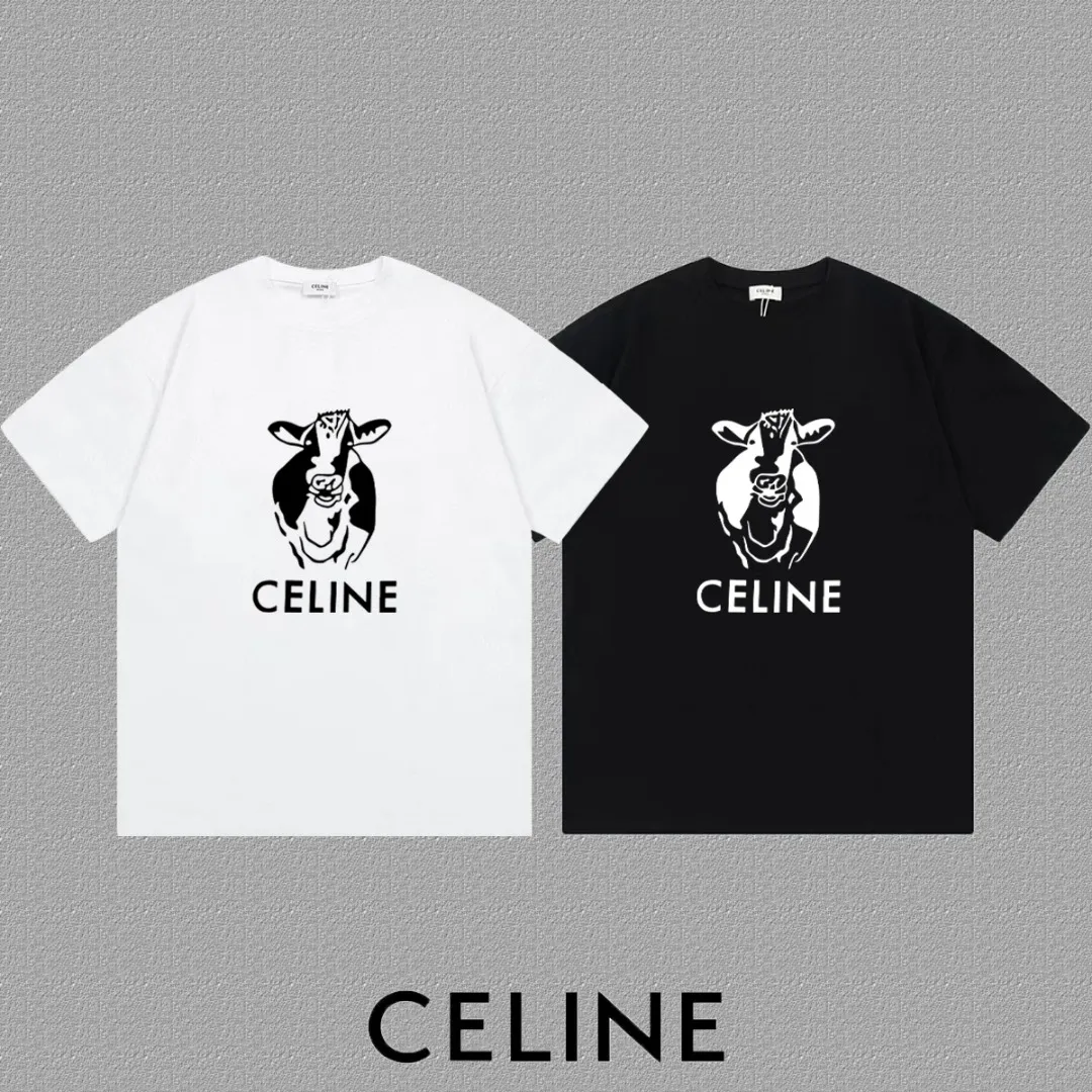 🅿️170 ✨🔥 [CELINE] 2025FW short-sleeved T-shirt, flocked pattern letter LOGO, high-end 26s double yarn 300g fabric, heavy fabric, custom stretcher rib, same vat and dye, complete three standards, same style for men and women, color: black, white, size: S M L XL 2XL
