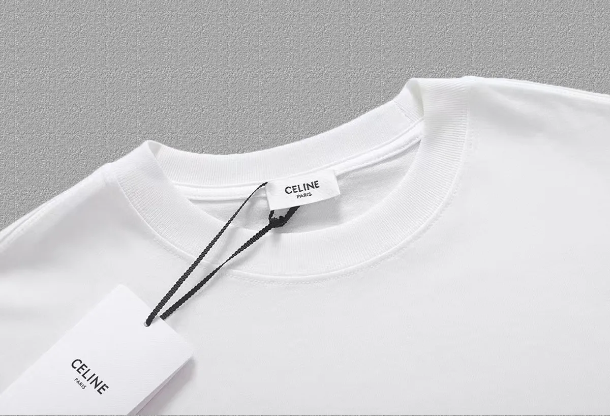 🅿️170 ✨🔥 [CELINE] 2025FW short-sleeved T-shirt, flocked pattern letter LOGO, high-end 26s double yarn 300g fabric, heavy fabric, custom stretcher rib, same vat and dye, complete three standards, same style for men and women, color: black, white, size: S M L XL 2XL