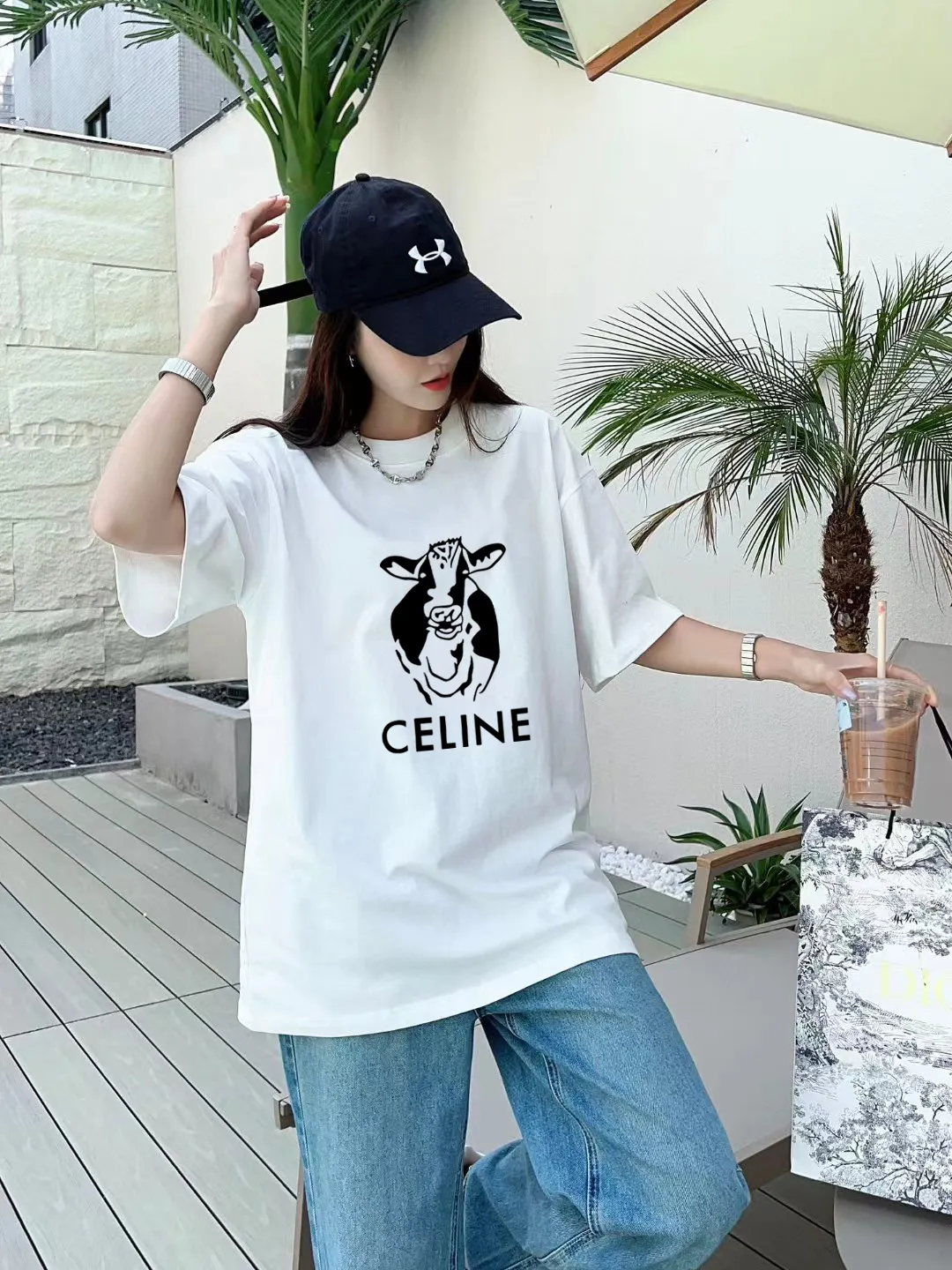 🅿️170 ✨🔥 [CELINE] 2025FW short-sleeved T-shirt, flocked pattern letter LOGO, high-end 26s double yarn 300g fabric, heavy fabric, custom stretcher rib, same vat and dye, complete three standards, same style for men and women, color: black, white, size: S M L XL 2XL