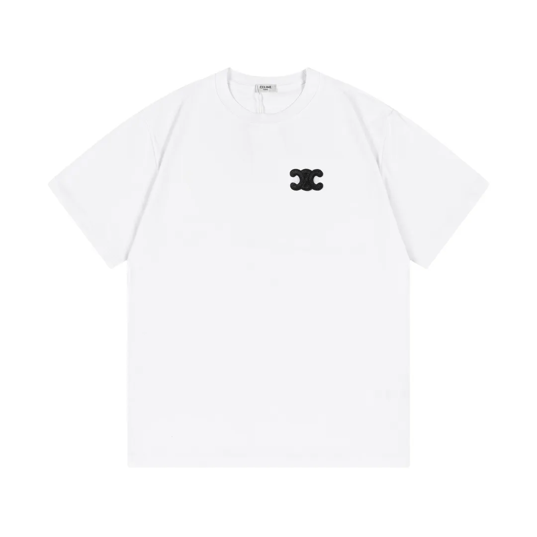 🅿️170 Celine 2025 new style customized woolen Arc de Triomphe letter logo, same style for men and women, short-sleeved T-shirt ·Customized 280g 100% double yarn pure cotton fabric ·Dyeing 32 counts double-strand thread ·Collar label, hangtag, main mark and three labels complete Color: White Size: XS S M L