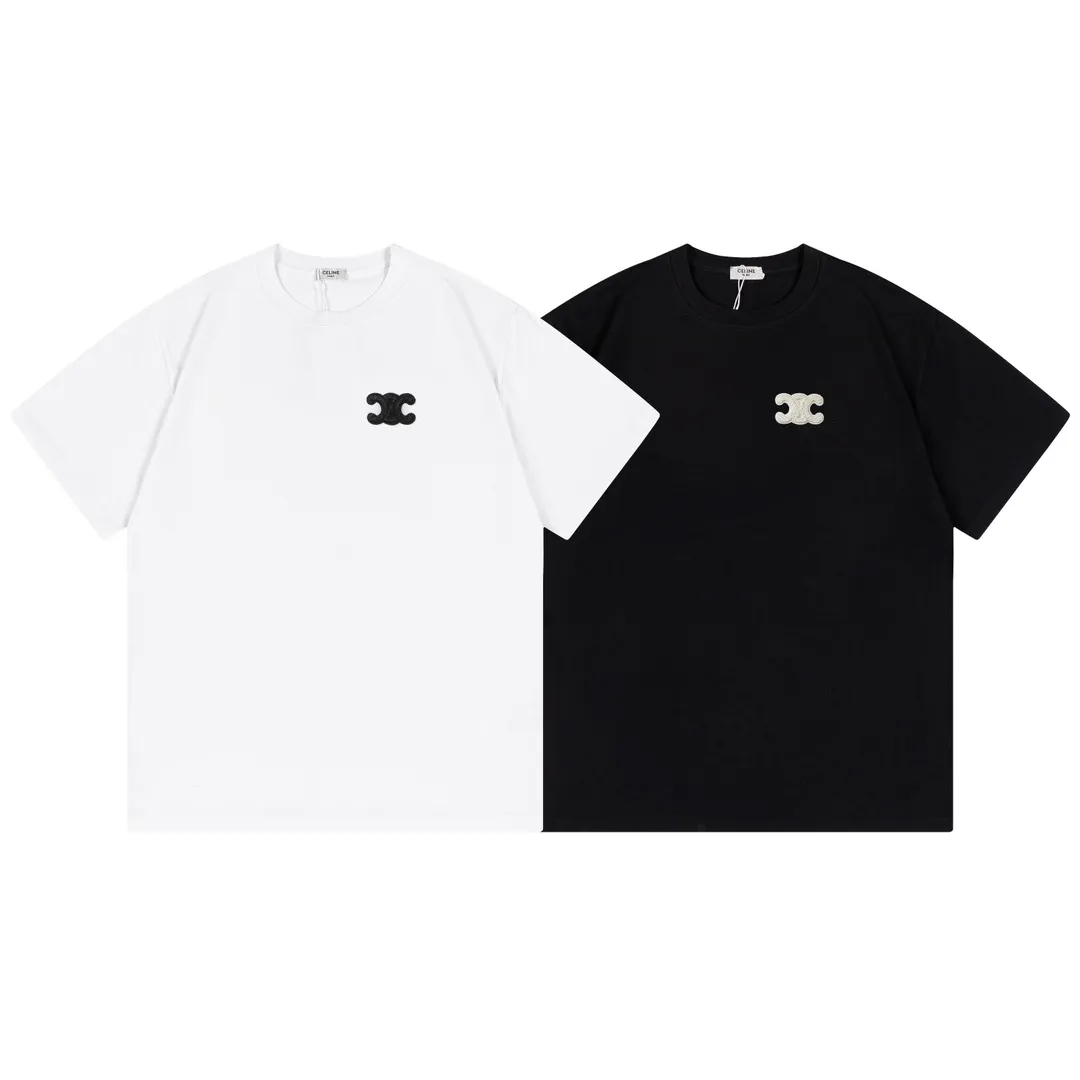 🅿️170 Celine 2025 new style customized woolen Arc de Triomphe letter logo, same style for men and women, short-sleeved T-shirt ·Customized 280g 100% double yarn pure cotton fabric ·Dyeing 32 counts double-strand thread ·Collar label, hangtag, main mark and three labels complete Color: White Size: XS S M L