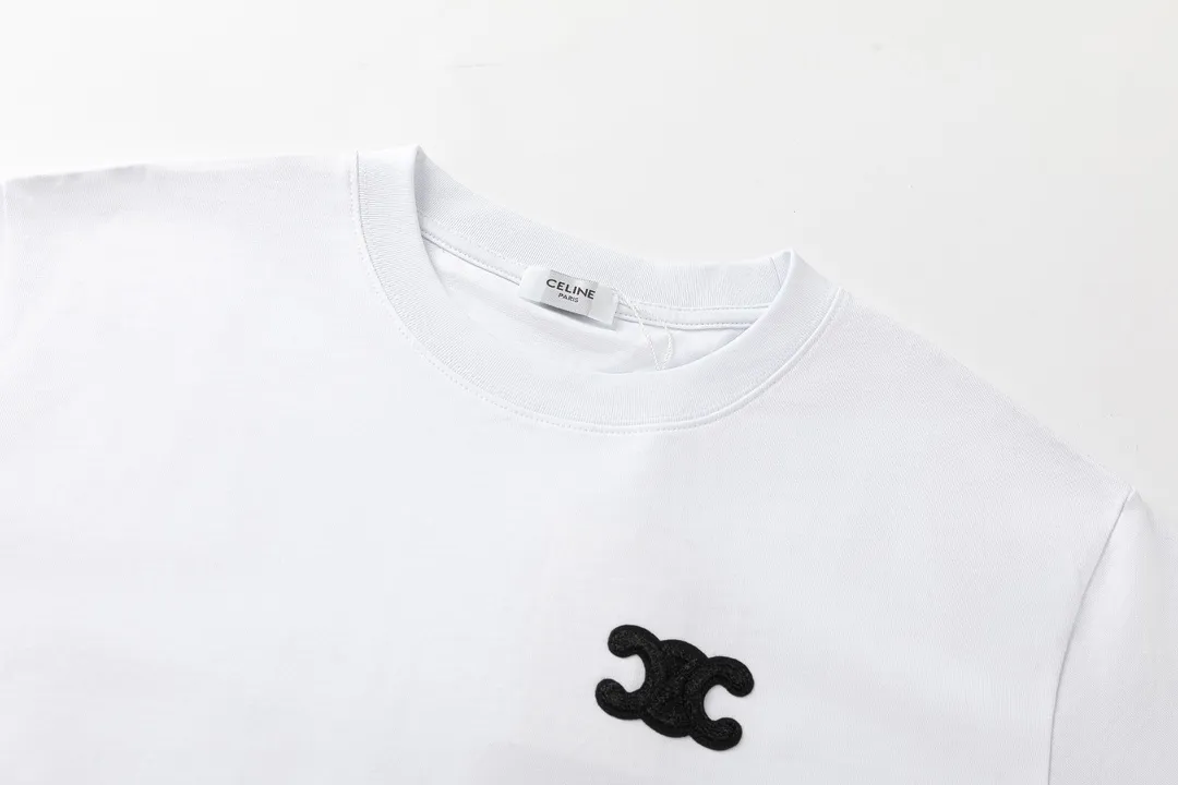 🅿️170 Celine 2025 new style customized woolen Arc de Triomphe letter logo, same style for men and women, short-sleeved T-shirt ·Customized 280g 100% double yarn pure cotton fabric ·Dyeing 32 counts double-strand thread ·Collar label, hangtag, main mark and three labels complete Color: White Size: XS S M L
