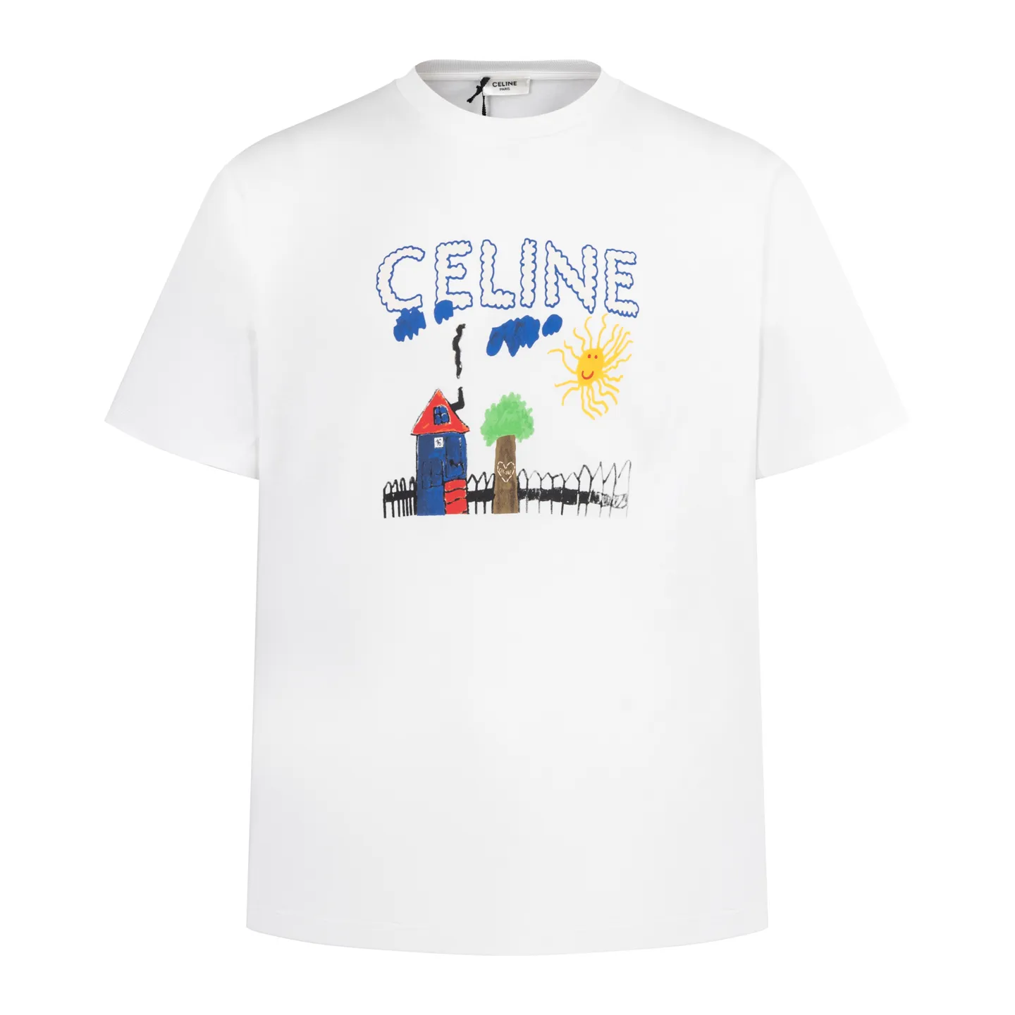 🅿️260 [Exclusive supply] Celine childlike graffiti printed short-sleeves (white) The fabric is made of 50S 165g double-ply plain fabric, and the rib is made of 32S 300g 2×2 stretch rib. 50S double-strand mercerized cotton fabric adopts fine yarn selection, unique mercerization treatment, advanced weaving technology, and environmentally friendly dyeing and finishing processes. Double-strand mercerized cotton fabric has excellent moisture absorption and breathability. Its good elasticity and wrinkle resistance make the fabric less likely to deform during wearing and washing, and is easy to care for. The high-elastic glue has good stretchability and resilience to ensure that the printed pattern can still return to its original shape after stretching; at the same time, the glue has strong adhesion and can be firmly attached to the fabric and not easy to fall off. It also needs to have excellent washability and lightfastness to ensure that the printed pattern can maintain bright colors after long-term use and exposure to light. Dot penetration printing uses a specific printing process to achieve precise positioning and penetration of multiple colors on the fabric, while paying attention to the use of environmentally friendly materials. The color paste is evenly printed on the fabric, and the precise arrangement of dots and accurate color restoration are achieved by controlling the process conditions. Size:XS-S-M-L