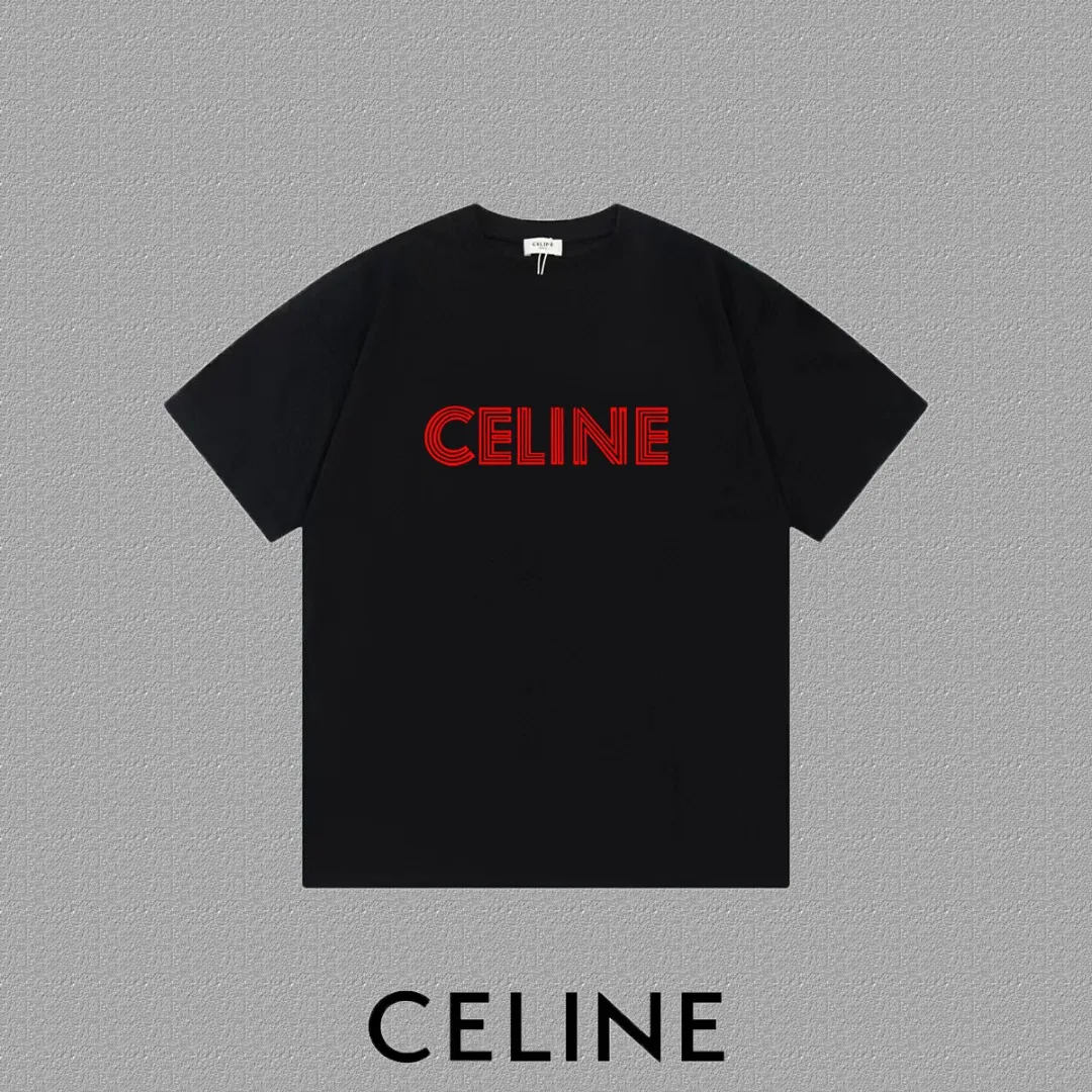🅿️170 ✨🔥 [CELINE] 2025FW short-sleeved T-shirt, flocked line letter LOGO, high-end 26s double yarn 300g fabric, heavy fabric, custom stretcher rib, same cylinder and dye, complete three standards, same style for men and women, color: black, white, size: S M L XL 2XL