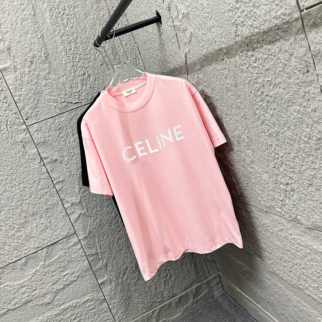 🅿️190 Celine* Celine 2025 Spring and Summer Style Simple letters three-dimensional silicone personalized logo Customized double yarn plain cotton fabric Short-sleeved T-shirt Unisex Size: S (90-130 catties) M (120-150 catties) L (140-165 catties) XL (160-180 catties) XXL (180-210 catties) Color: black white light pink
