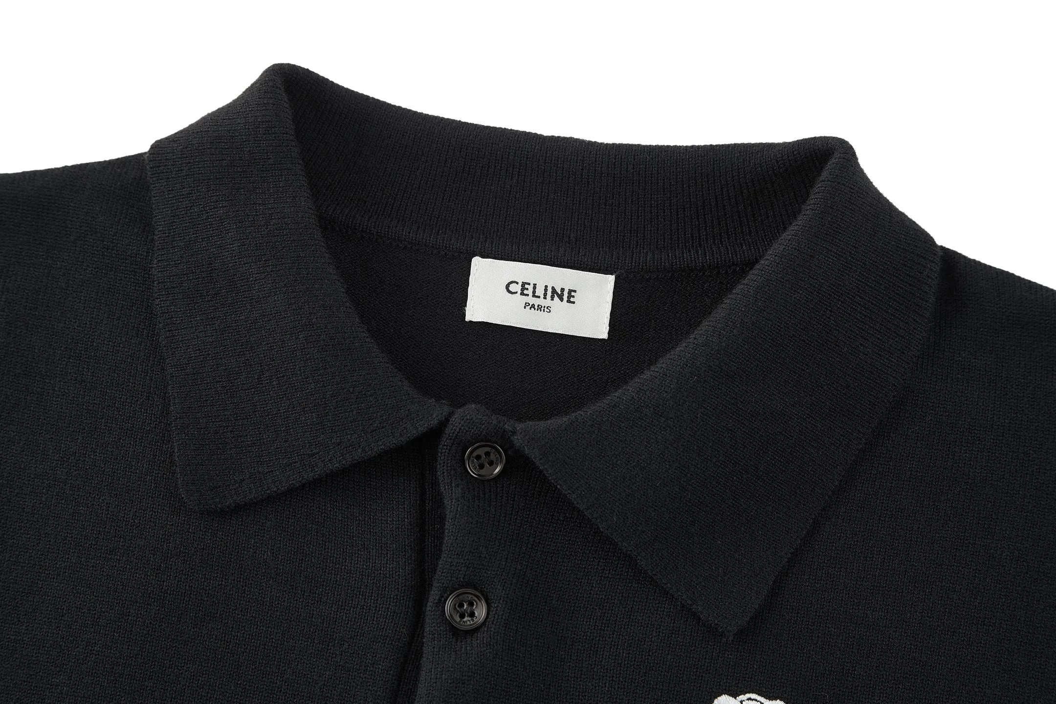 🅿️400 [Exclusive supply] Celine Arc de Triomphe embroidered knitted Polo shirt (black). The original version was purchased and developed for 9300. The fabric is 100% cotton yarn. The original fabric is custom-dyed with 1:1 color matching. Washing water fixes the shape and color of the clothes. Manual picking and drawing. The embroidery is made by imported machines, with a 1:1 high degree of reduction of the CELINE Arc de Triomphe embroidery logo. 3 mother-of-pearl buttons engraved with CELINE. Size:37-38-39-40