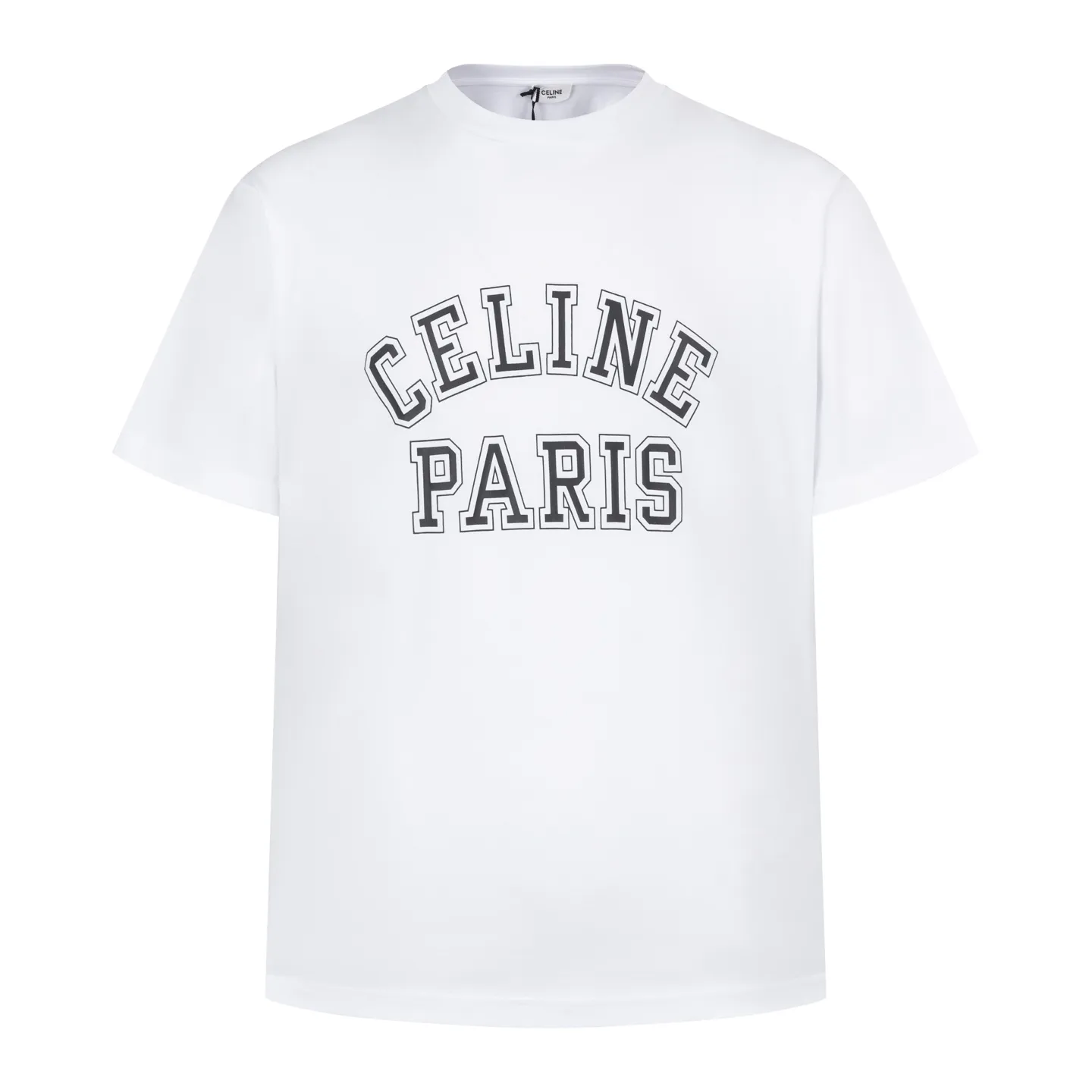 🅿️270 [Exclusive supply] Celine 25FW short sleeves with stroked letters. The fabric is made of 50S 165g double-ply plain fabric, and the thread is made of 32S 300g 1×1 stretch rib. 50S double-strand mercerized cotton fabric adopts fine yarn selection, unique mercerization treatment, advanced weaving technology, and environmentally friendly dyeing and finishing processes. Double-strand mercerized cotton fabric has excellent moisture absorption and breathability. Its good elasticity and wrinkle resistance make the fabric less likely to deform during wearing and washing, and is easy to care for. High-density printing technology ensures the clarity and detail of the pattern; after printing is completed, the textile is cured to make the environmentally friendly gouache slurry better adhere to the textile and improve the washability of the pattern. The high-density environmentally friendly gouache printing process creates a technological innovation that is both beautiful and environmentally friendly. Size:XS-S-M-L