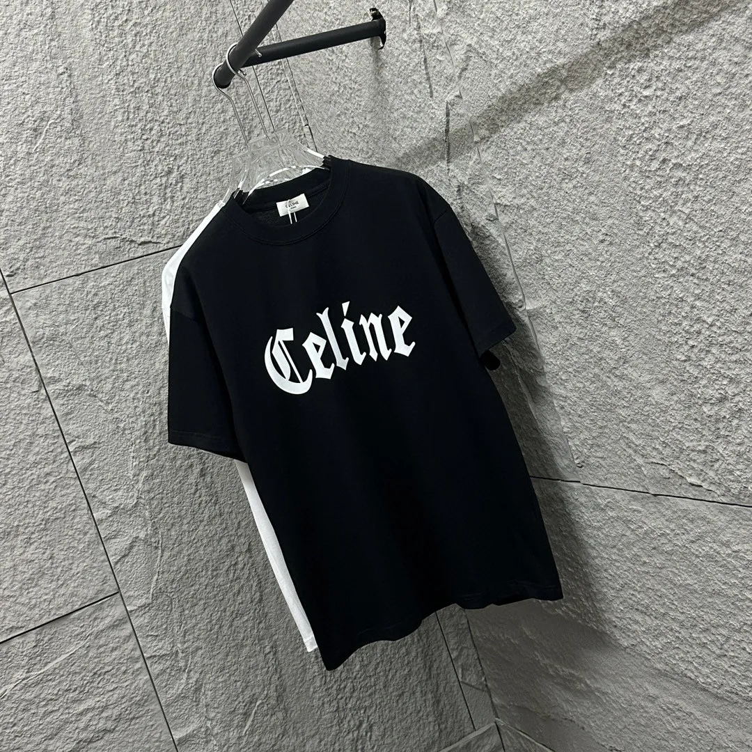 🅿️180 Celi* Celi Celin 2025 spring and summer style Simple large C letter flocking technology Personalized logo Customized double yarn plain cotton fabric Short-sleeved T-shirt Unisex Size: S (90-130 catties) M (120-150 catties) L (140-165 catties) XL (160-180 catties) XXL (180-210 pounds) Color: black white