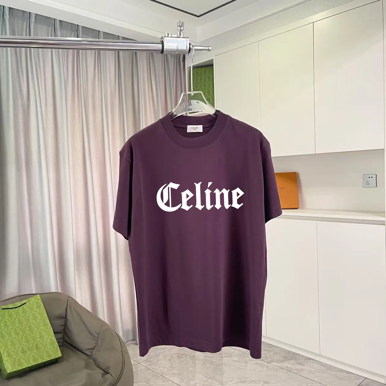 🅿️170 Celine 2025 summer new style personalized letter logo printing customized fabric 300g short-sleeved T-shirt same style for men and women Size: S M L XL XXL five sizes Color: black white lake green purple iron gray