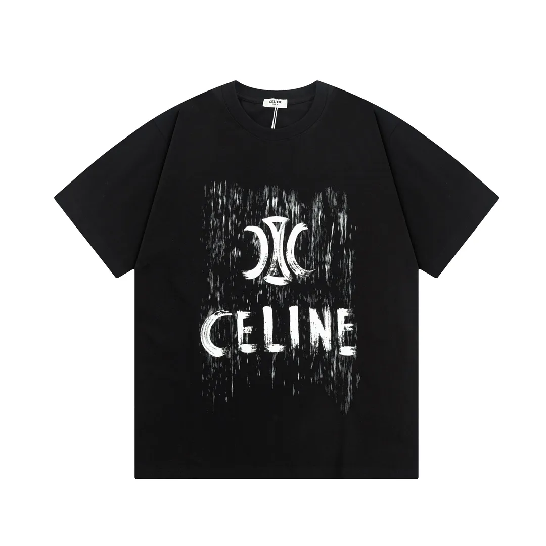 🅿️170 high version Celine Celine 2025 new style customized 310g double yarn pure cotton fabric hand-painted graffiti letter logo same style for men and women short-sleeved T-shirt Color: Black Size: S-XL