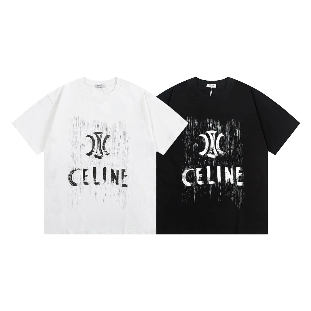 🅿️170 high version Celine Celine 2025 new style customized 310g double yarn pure cotton fabric hand-painted graffiti letter logo same style for men and women short-sleeved T-shirt Color: Black Size: S-XL