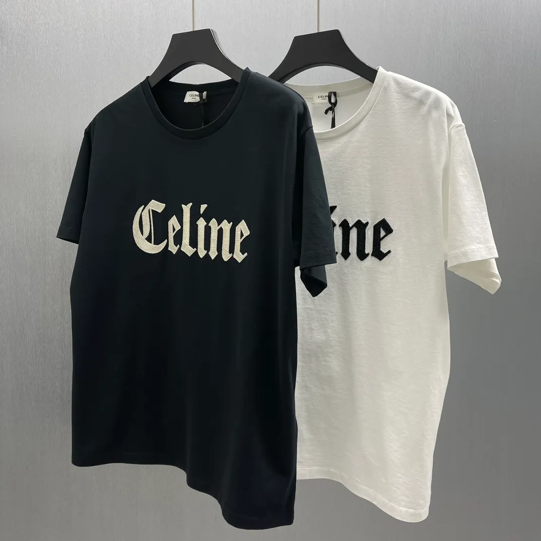 🅿️270 🧧CELI*E Gothic Embroidery Cotton Jersey T Size: S-XL CELINE Gothic Embroidery Loose fit Round neck Collar and hem decorated with contrasting ribbed trim