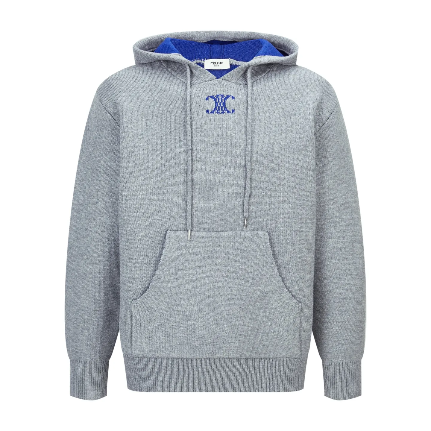 🅿️520 Celine Arc de Triomphe jacquard hooded sweater (grey). The original version was purchased and developed for 16,550 yuan. The fabric is made of 50% wool, 10% cashmere, and 40% cotton. This fabric is originally stitched, dyed and woven. The weight of ready-made garments is about 920-960 grams. The thermal effect and upper body effect are perfect. Using the 7-needle jacquard process, a single piece of clothing takes 320 minutes to complete. The rope is custom-woven and dyed, the tail clip is made from the original mold, and the brand logo is laser-engraved on the surface. TRIOMPHE embroidered loose fit, hood with adjustable drawstring, metal hoop engraved with CELINE PARIS, 1 kangaroo pocket with ribbed trim. Size:S-M-L-XL