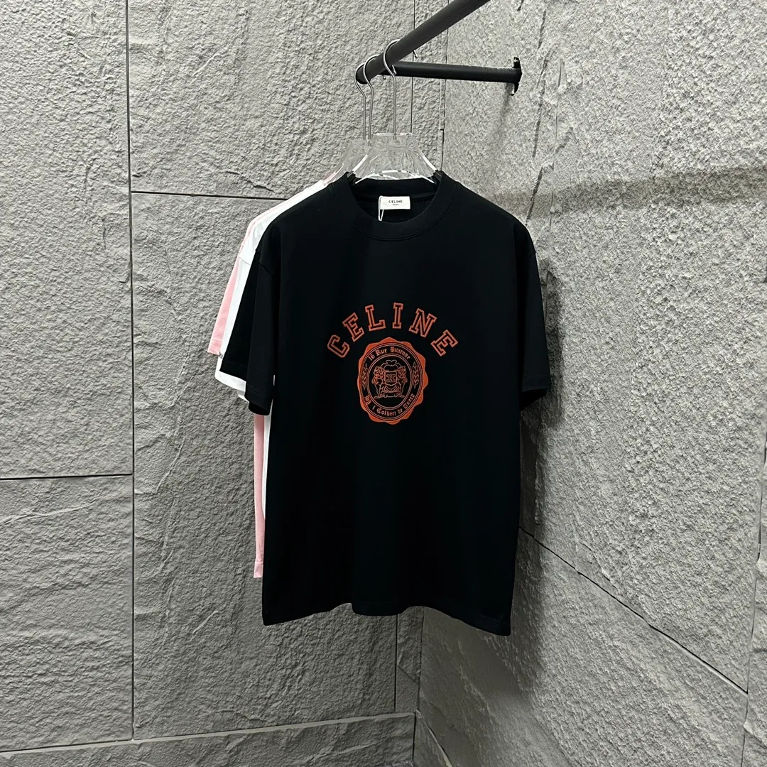 🅿️190 Celi* Celine 2025 spring and summer style Simple letter flocking process personalized logo Customized double yarn plain cotton fabric Short-sleeved T-shirt Unisex Size: S (90-130 catties) M (120-150 catties) L (140-165 catties) XL (160-180 catties) XXL (180-210 catties) Color: black white light pink