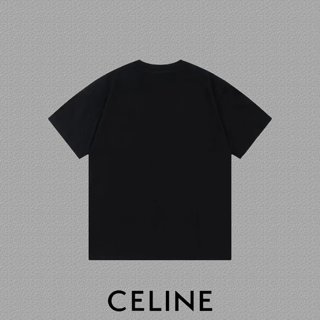 🅿️170 ✨🔥 [CELINE] 2025FW short-sleeved T-shirt, silicone thick plate letter LOGO, high-end 26s double yarn 300g fabric, heavy fabric, custom stretcher rib, same cylinder and dye, complete three standards, same style for men and women, color: black, white, size: S M L XL 2XL