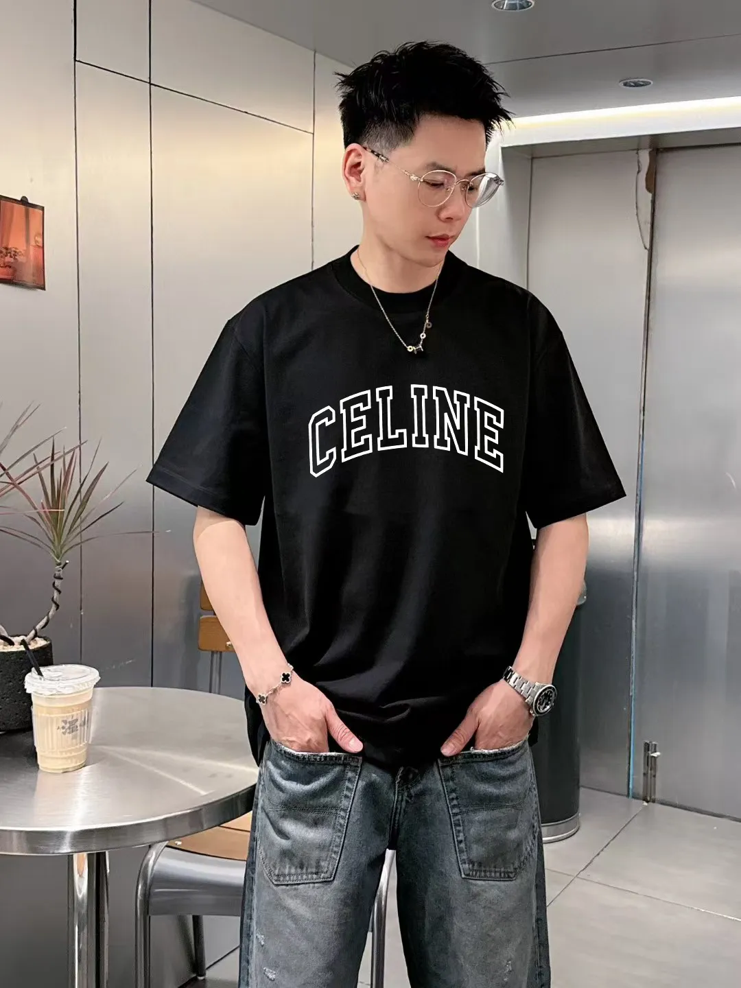 🅿️170 ✨🔥 [CELINE] 2025FW short-sleeved T-shirt, silicone thick plate letter LOGO, high-end 26s double yarn 300g fabric, heavy fabric, custom stretcher rib, same cylinder and dye, complete three standards, same style for men and women, color: black, white, size: S M L XL 2XL