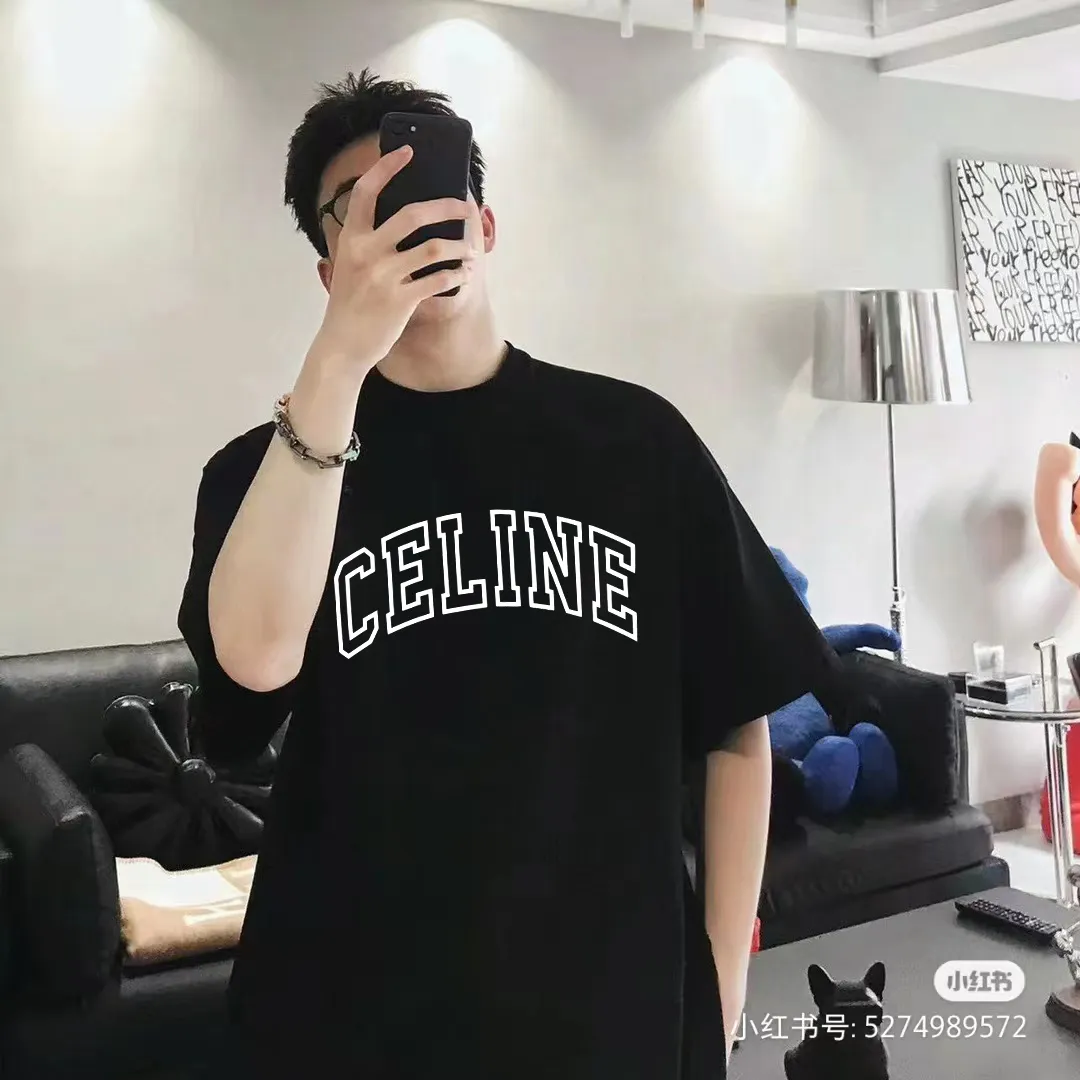🅿️170 ✨🔥 [CELINE] 2025FW short-sleeved T-shirt, silicone thick plate letter LOGO, high-end 26s double yarn 300g fabric, heavy fabric, custom stretcher rib, same cylinder and dye, complete three standards, same style for men and women, color: black, white, size: S M L XL 2XL