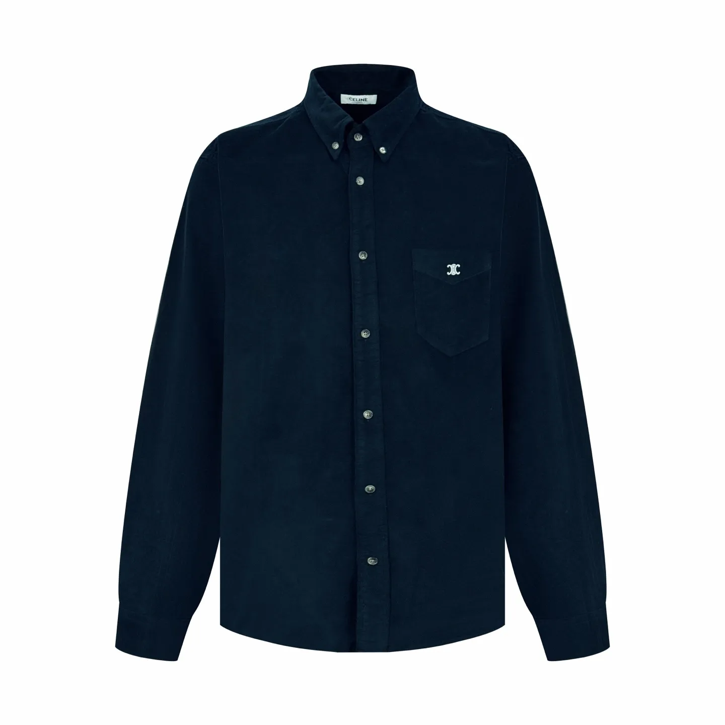 🅿️450 Celine Arc de Triomphe logo embroidered pocket shirt. Original purchase and development for 9,300. The fabric is made of customized royal velvet satin cotton. It has a natural luster and is comfortable and close to the skin. It uses the deep and mysterious abyss blue as the background color. Depth and elegance go hand in hand. The iconic CELINE Arc de Triomphe embroidery is embellished on the chest. It is simple and powerful and highly recognizable. The arc hem meets the natural soft curves. Let every turn show a visual balance of hardness and softness. It outlines a flowing rhythm among the abyss of blue velvet. Minimalism and luxury coexist. It interprets high-end fashion style and uses imported machine embroidery technology. It uses advanced computer control systems and precision mechanical components to realize Celine Arc de Triomphe embroidery operations with high precision. The lines are smooth and delicate. The fabrics have been fermented and washed. It has a better hand feel and texture. It is not easy to deform, not easy to shrink, not easy to fade, and maintains long-term beauty. Size:S-M-L-XL