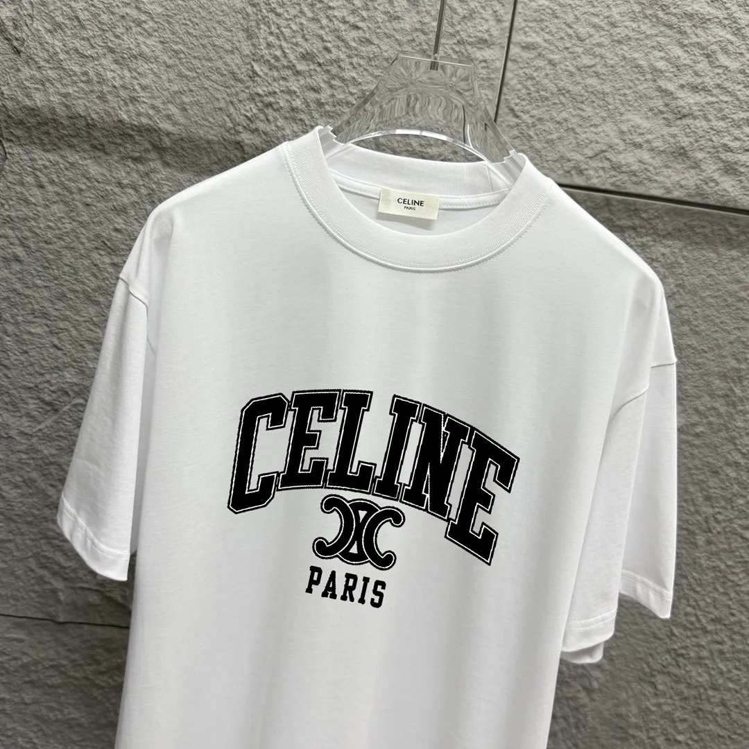 🅿️180 Celi* Celine 2025 spring and summer style Simple letter printing personalized logo Customized double yarn plain cotton fabric Short-sleeved T-shirt Unisex Size: S (90-130 catties) M (120-150 catties) L (140-165 catties) XL (160-180 catties) XXL (180-210 catties) Color: black white