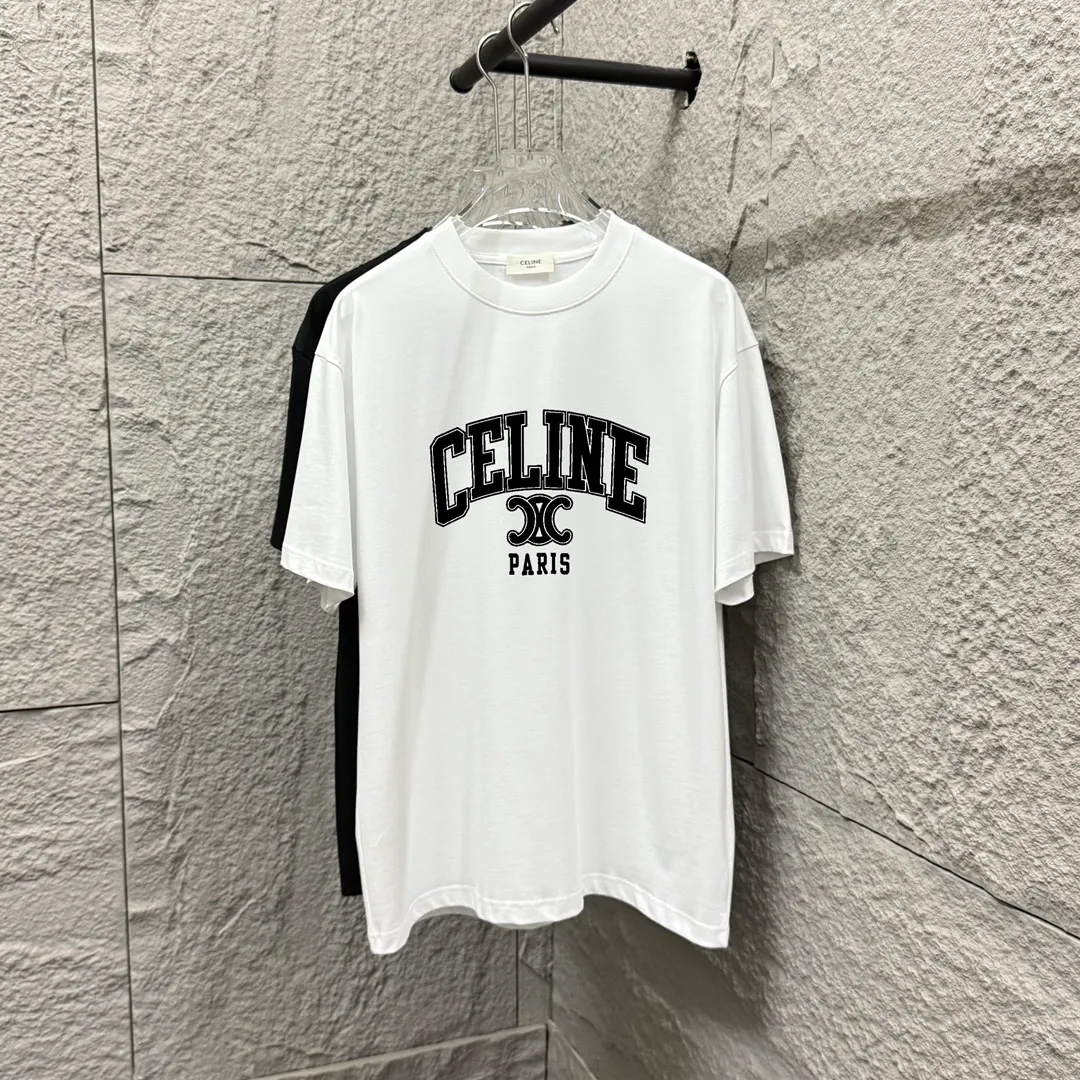 🅿️180 Celi* Celine 2025 spring and summer style Simple letter printing personalized logo Customized double yarn plain cotton fabric Short-sleeved T-shirt Unisex Size: S (90-130 catties) M (120-150 catties) L (140-165 catties) XL (160-180 catties) XXL (180-210 catties) Color: black white