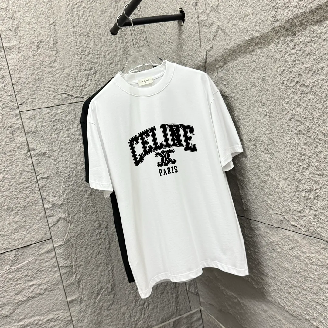 🅿️180 Celi* Celine 2025 spring and summer style Simple letter printing personalized logo Customized double yarn plain cotton fabric Short-sleeved T-shirt Unisex Size: S (90-130 catties) M (120-150 catties) L (140-165 catties) XL (160-180 catties) XXL (180-210 catties) Color: black white
