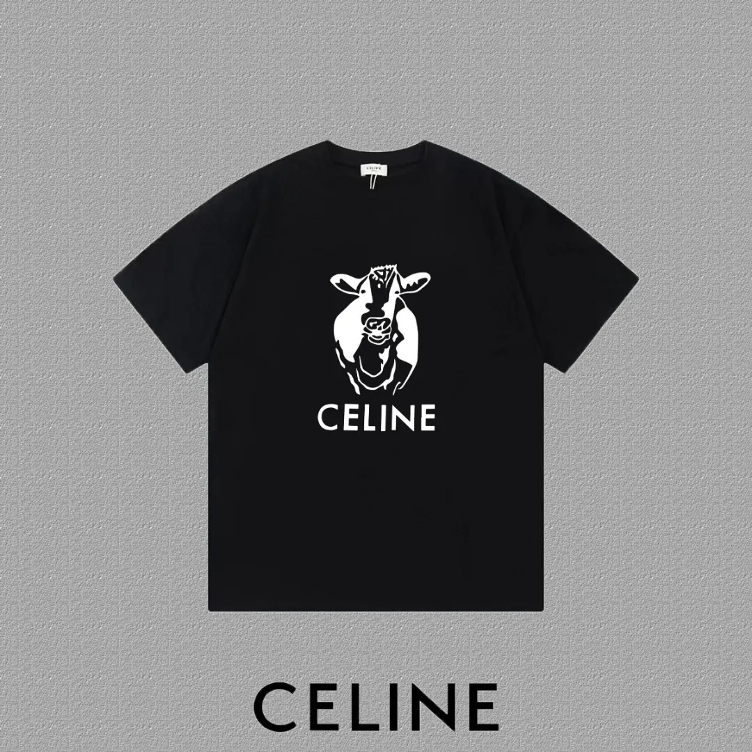 🅿️170 ✨🔥 [CELINE] 2025FW short-sleeved T-shirt, flocked pattern letter LOGO, high-end 26s double yarn 300g fabric, heavy fabric, custom stretcher rib, same vat and dye, complete three standards, same style for men and women, color: black, white, size: S M L XL 2XL