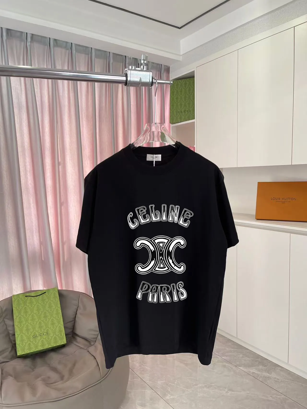 🅿️170 Celine 2025 summer new style personalized letter logo printing customized fabric 300g short-sleeved T-shirt for men and women size: S M L XL XXL five sizes color: black white pink sky blue